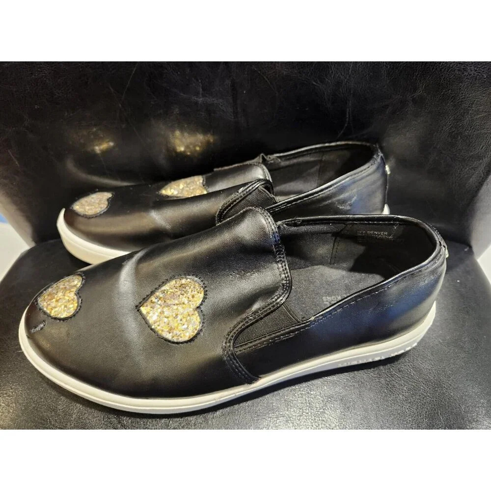 Michael Kors Women Ivy Denver Black With Gold Hearts Slip On - Size 5 - Has Flaw